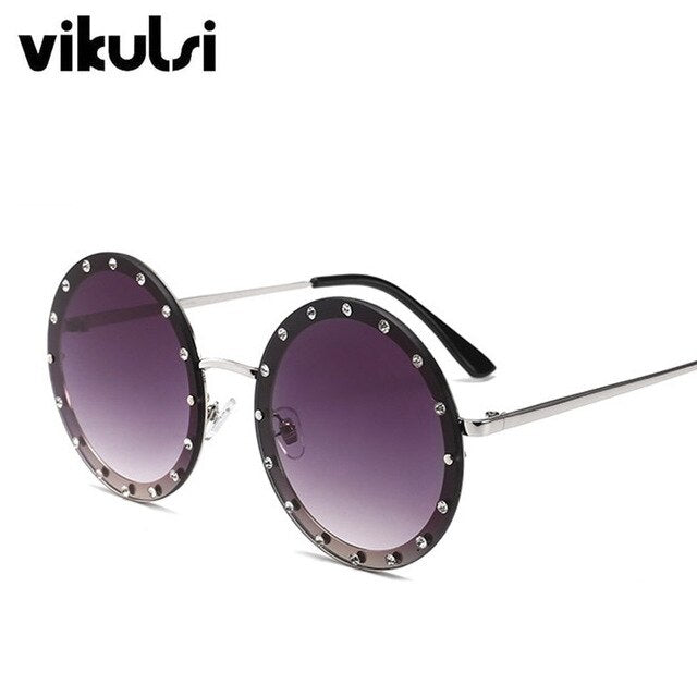 Metal Frame Clear Lens Oversized Round Rivet Sunglasses