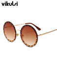 Metal Frame Clear Lens Oversized Round Rivet Sunglasses