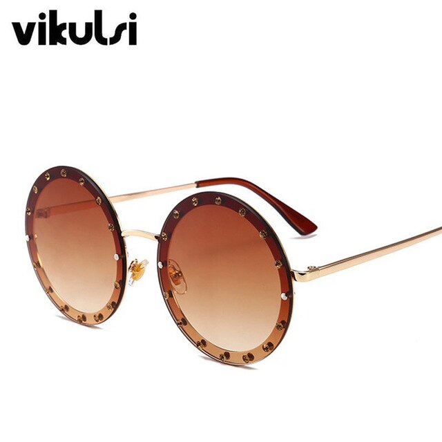 Metal Frame Clear Lens Oversized Round Rivet Sunglasses