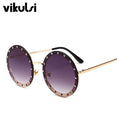 Metal Frame Clear Lens Oversized Round Rivet Sunglasses