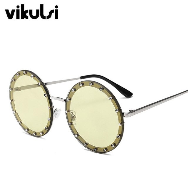 Metal Frame Clear Lens Oversized Round Rivet Sunglasses