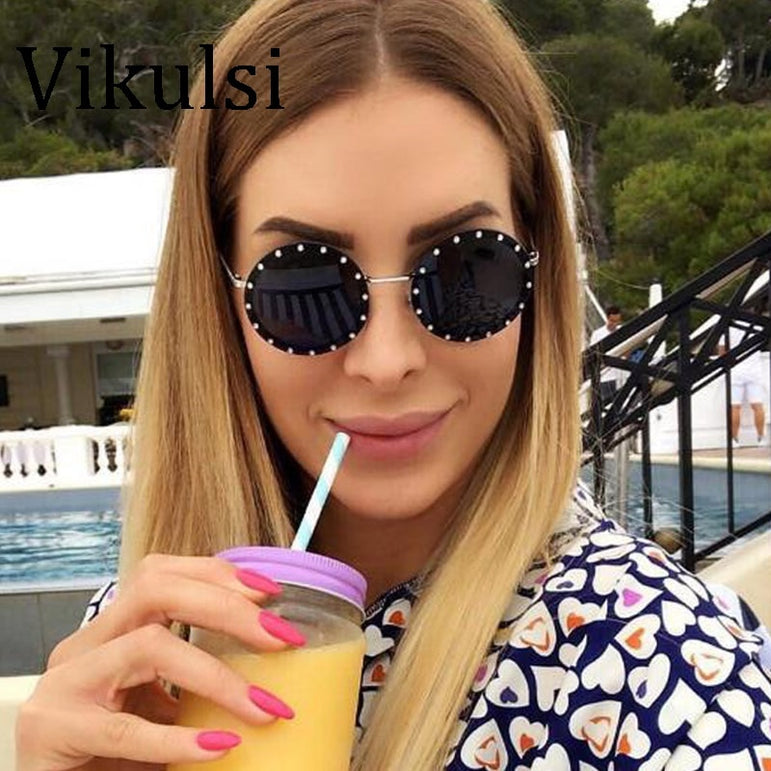 Metal Frame Clear Lens Oversized Round Rivet Sunglasses