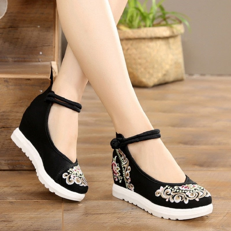 Vintage Women Canvas Increasing Height Ankle Strap Heels