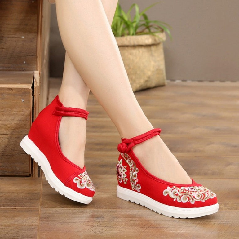 Vintage Women Canvas Increasing Height Ankle Strap Heels