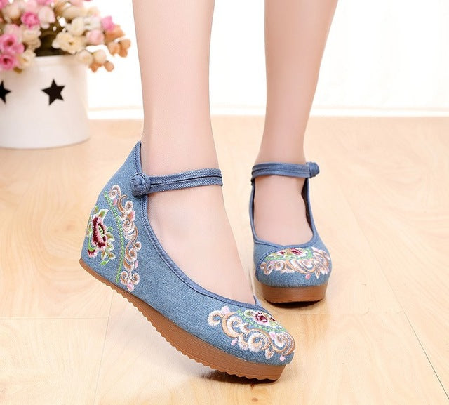 Vintage Women Canvas Increasing Height Ankle Strap Heels