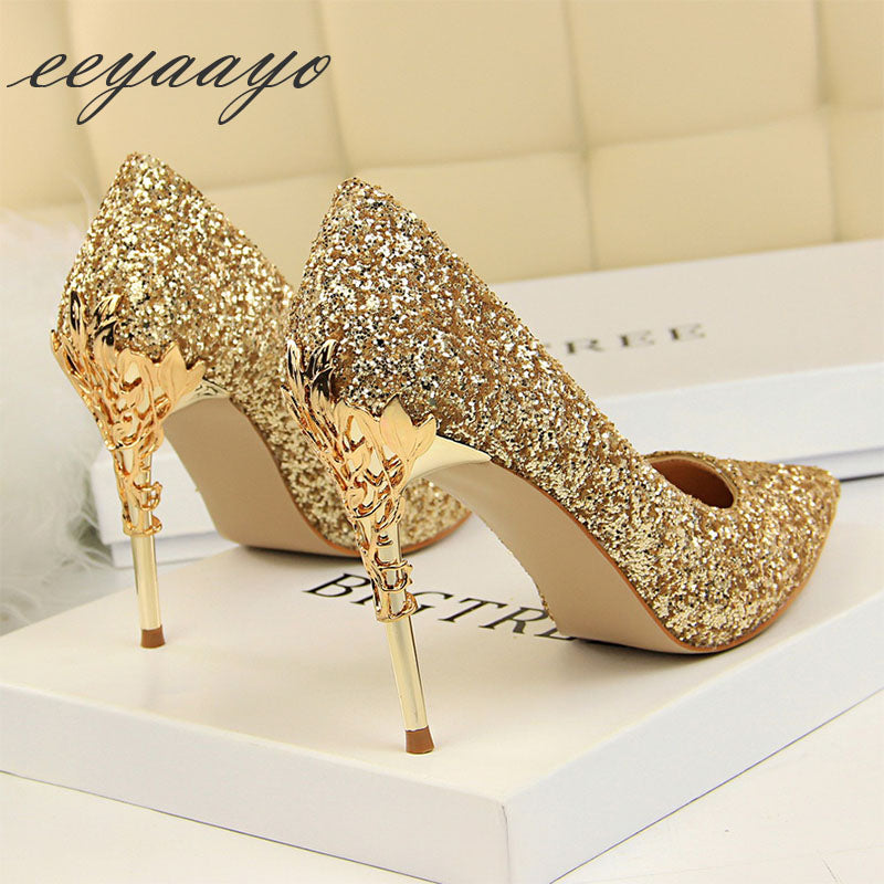 Thin Women Pointed Toe Metal Pumps High Heels