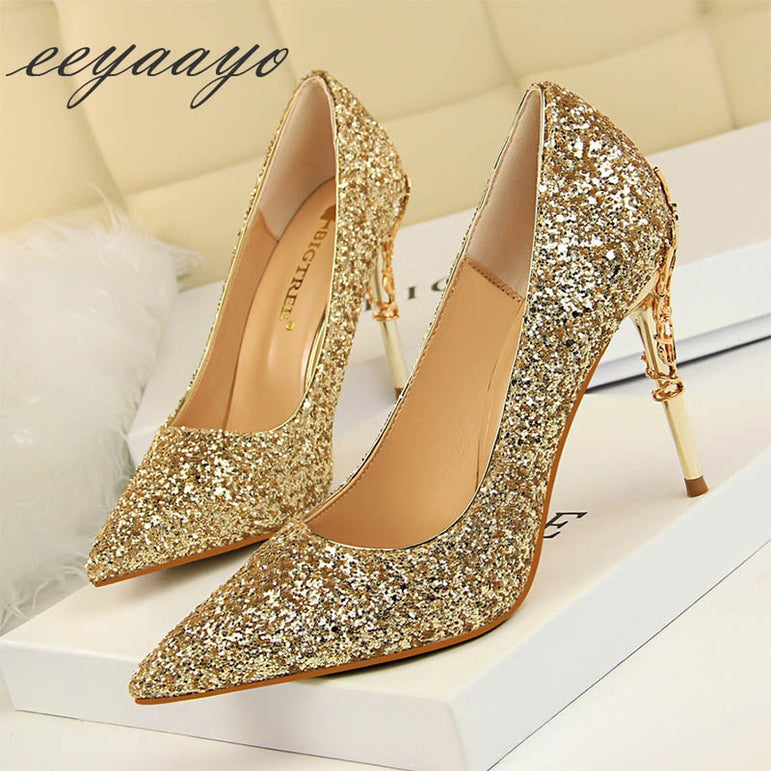 Thin Women Pointed Toe Metal Pumps High Heels