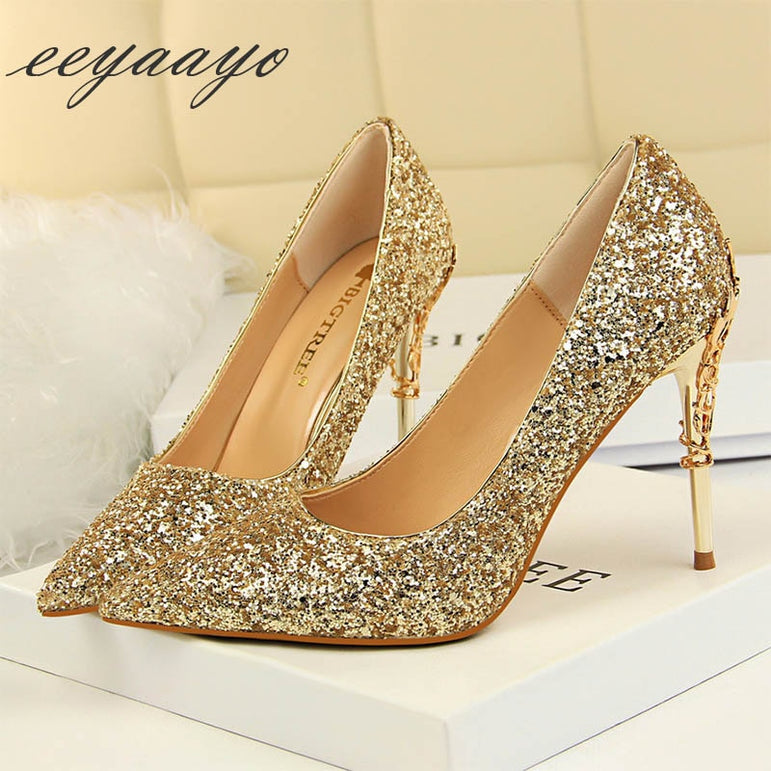 Thin Women Pointed Toe Metal Pumps High Heels