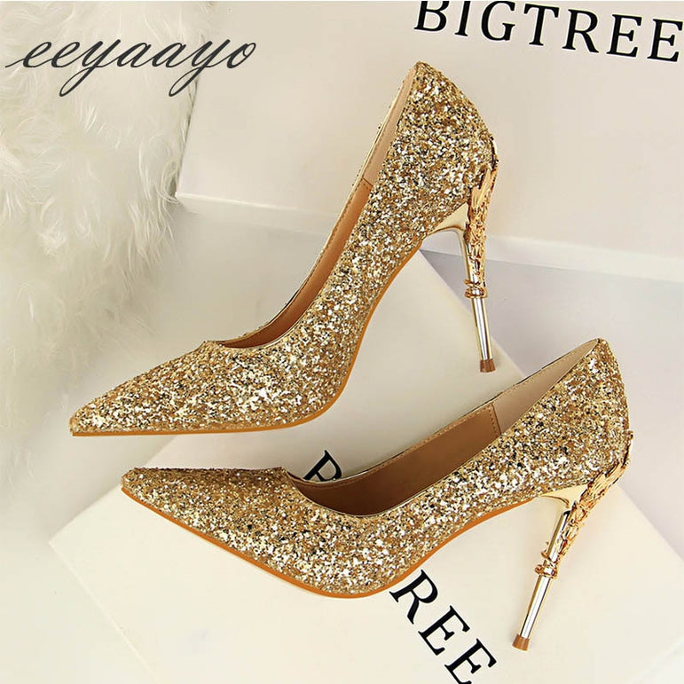 Thin Women Pointed Toe Metal Pumps High Heels