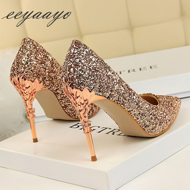 Thin Women Pointed Toe Metal Pumps High Heels