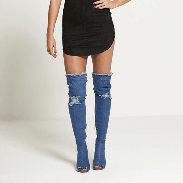 Over The Knee Peep Toe Denim High Heel Boot