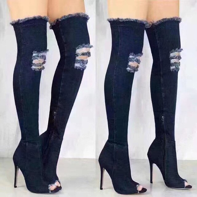 Over The Knee Peep Toe Denim High Heel Boot