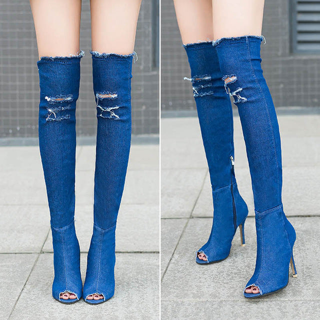 Over The Knee Peep Toe Denim High Heel Boot