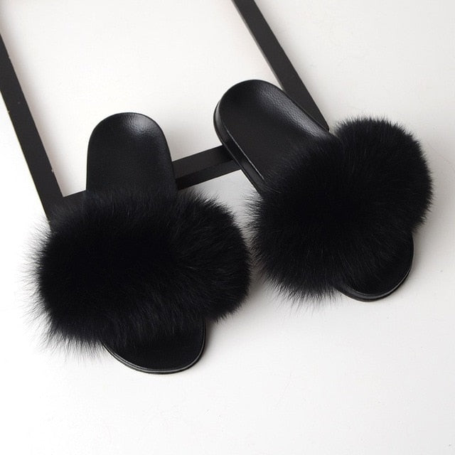 Luxury Real Fox Fur Slides Home Furry Fur Slippers