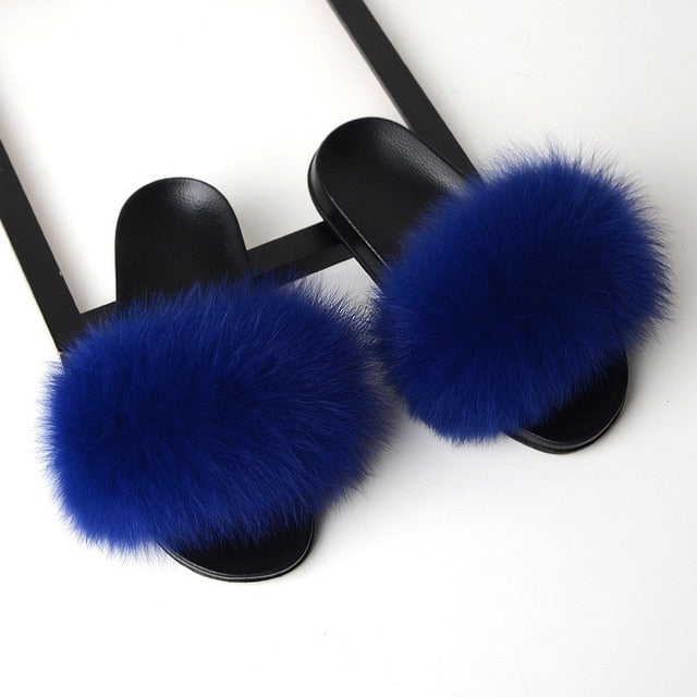 Luxury Real Fox Fur Slides Home Furry Fur Slippers