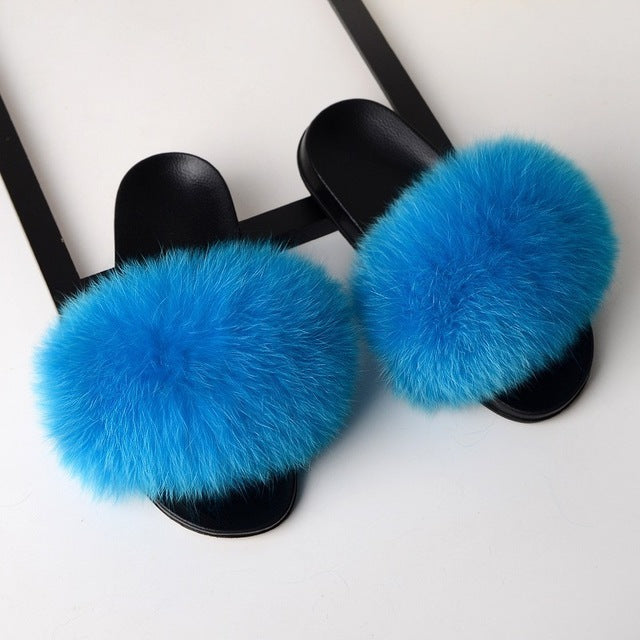 Luxury Real Fox Fur Slides Home Furry Fur Slippers