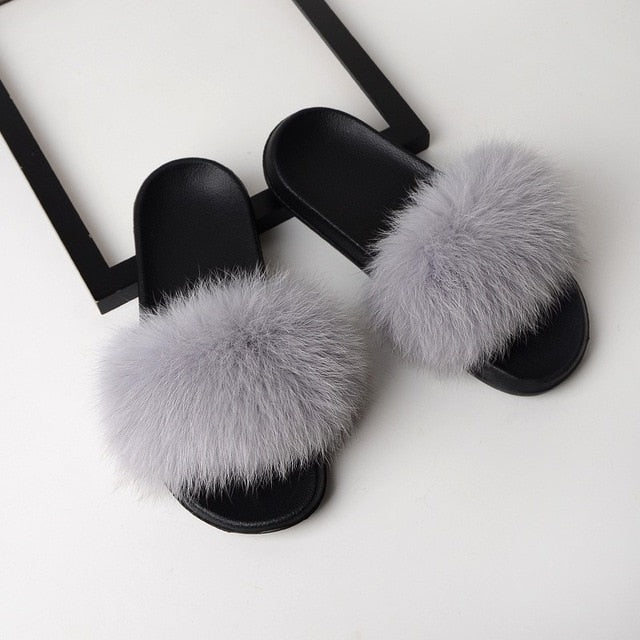 Luxury Real Fox Fur Slides Home Furry Fur Slippers