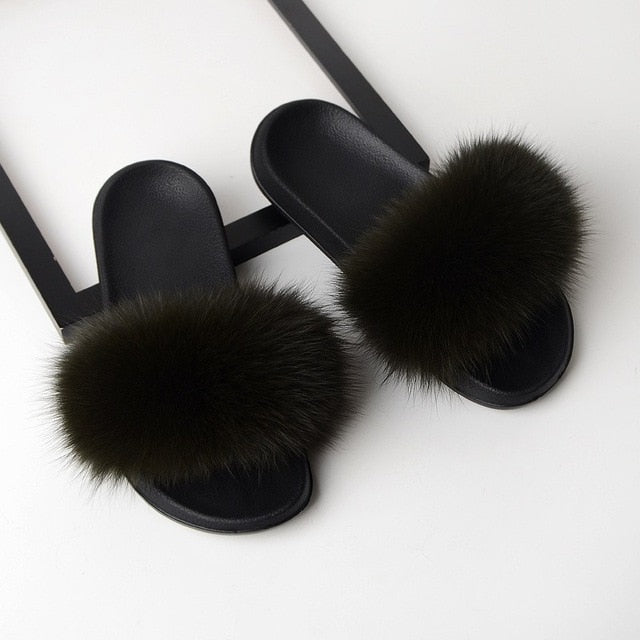 Luxury Real Fox Fur Slides Home Furry Fur Slippers