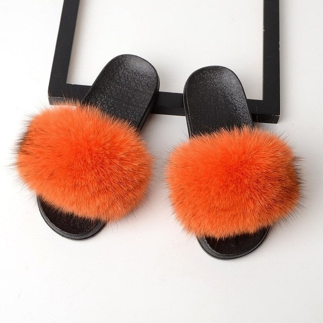 Luxury Real Fox Fur Slides Home Furry Fur Slippers