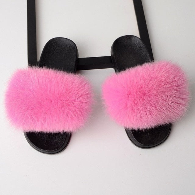 Luxury Real Fox Fur Slides Home Furry Fur Slippers