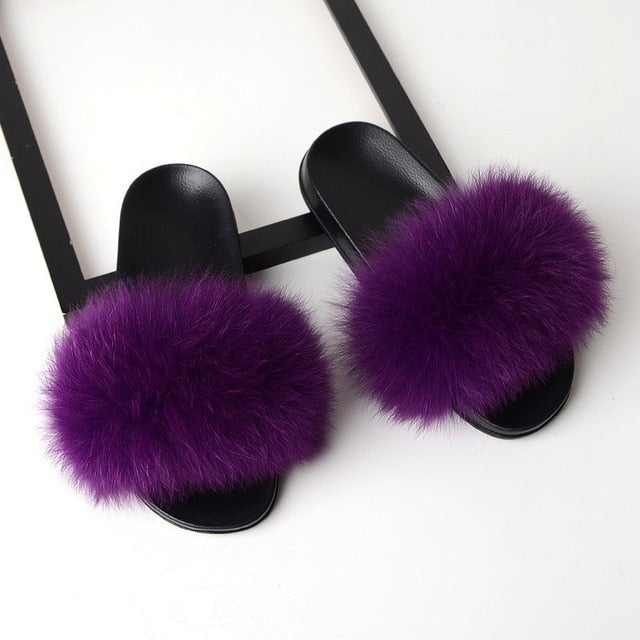 Luxury Real Fox Fur Slides Home Furry Fur Slippers