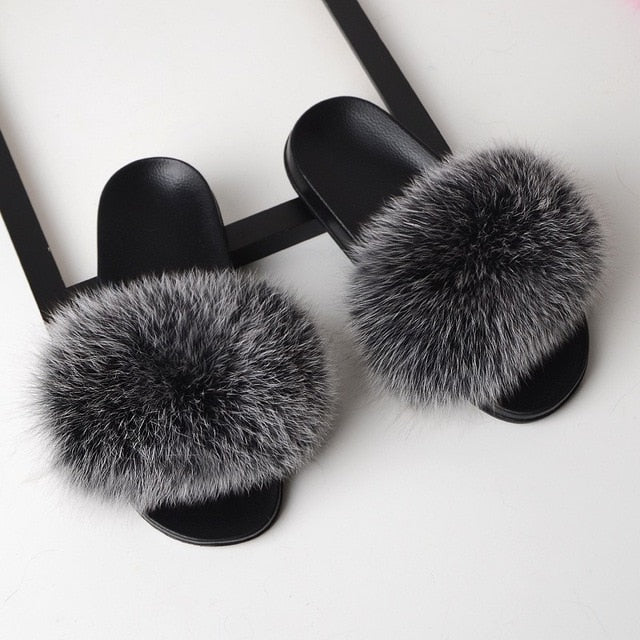 Luxury Real Fox Fur Slides Home Furry Fur Slippers