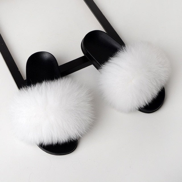 Luxury Real Fox Fur Slides Home Furry Fur Slippers