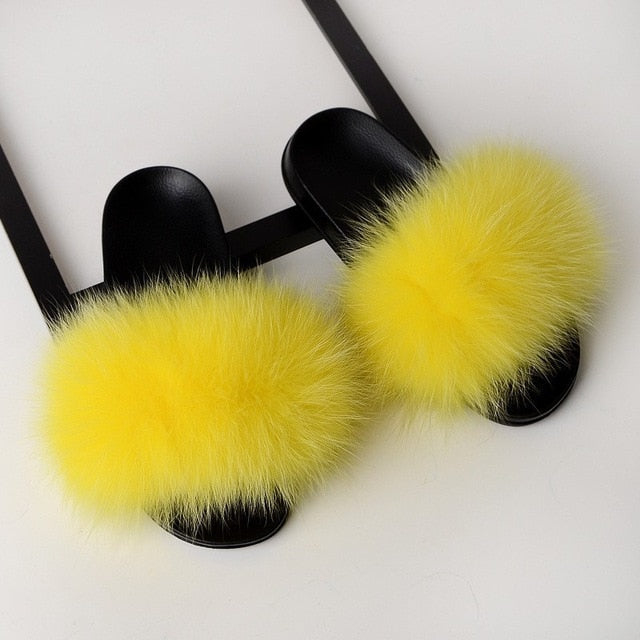 Luxury Real Fox Fur Slides Home Furry Fur Slippers