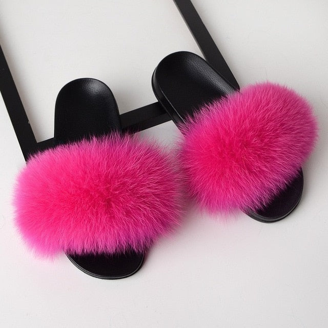 Luxury Real Fox Fur Slides Home Furry Fur Slippers