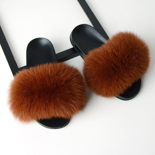 Luxury Real Fox Fur Slides Home Furry Fur Slippers