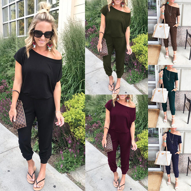 Casual Pocket Short Sleeve Shoulder Jumpsuit