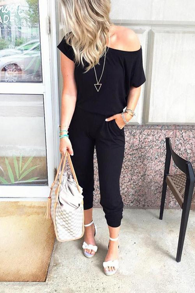 Casual Pocket Short Sleeve Shoulder Jumpsuit