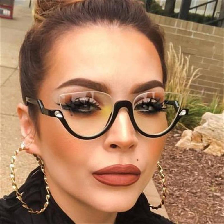 Clear Lens Rhinestone Vintage Half Frame Cat Eye Sunglasses