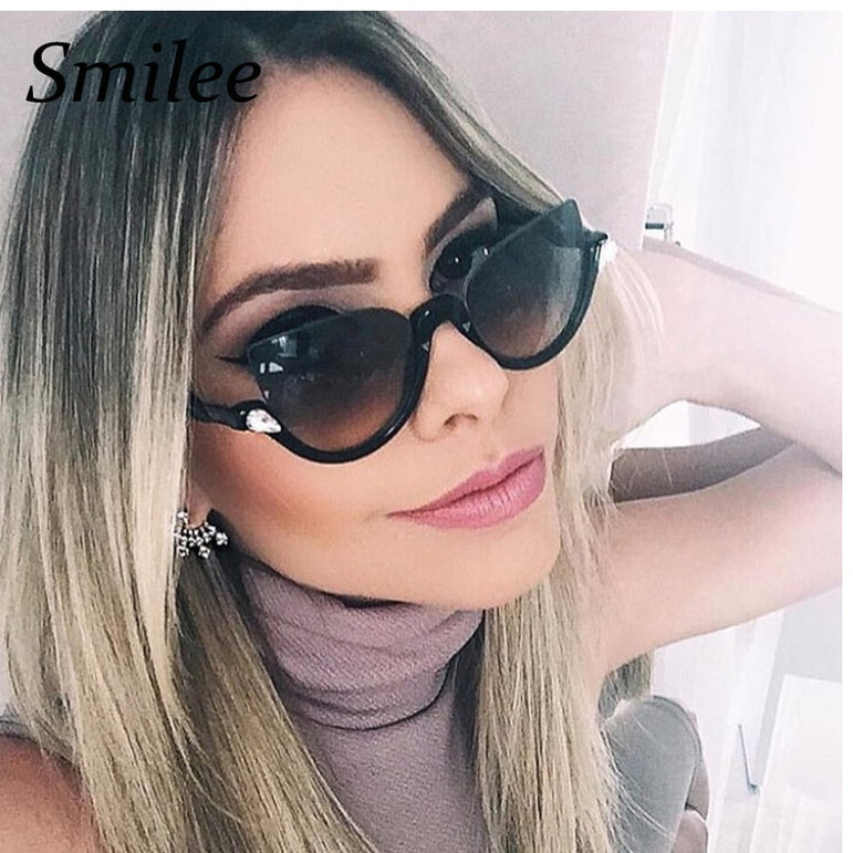 Clear Lens Rhinestone Vintage Half Frame Cat Eye Sunglasses