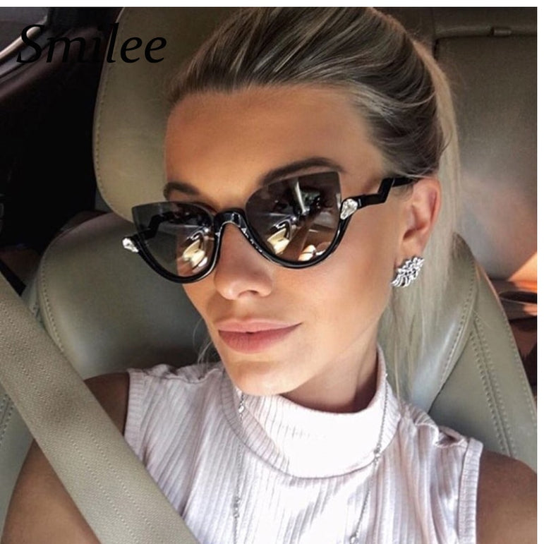 Clear Lens Rhinestone Vintage Half Frame Cat Eye Sunglasses