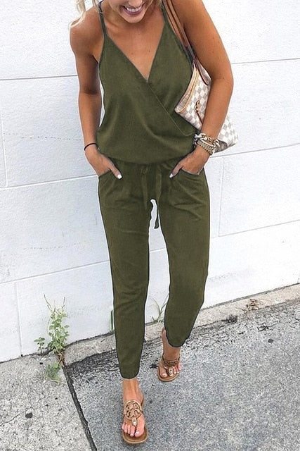 Casual Pocket Short Sleeve Shoulder Jumpsuit